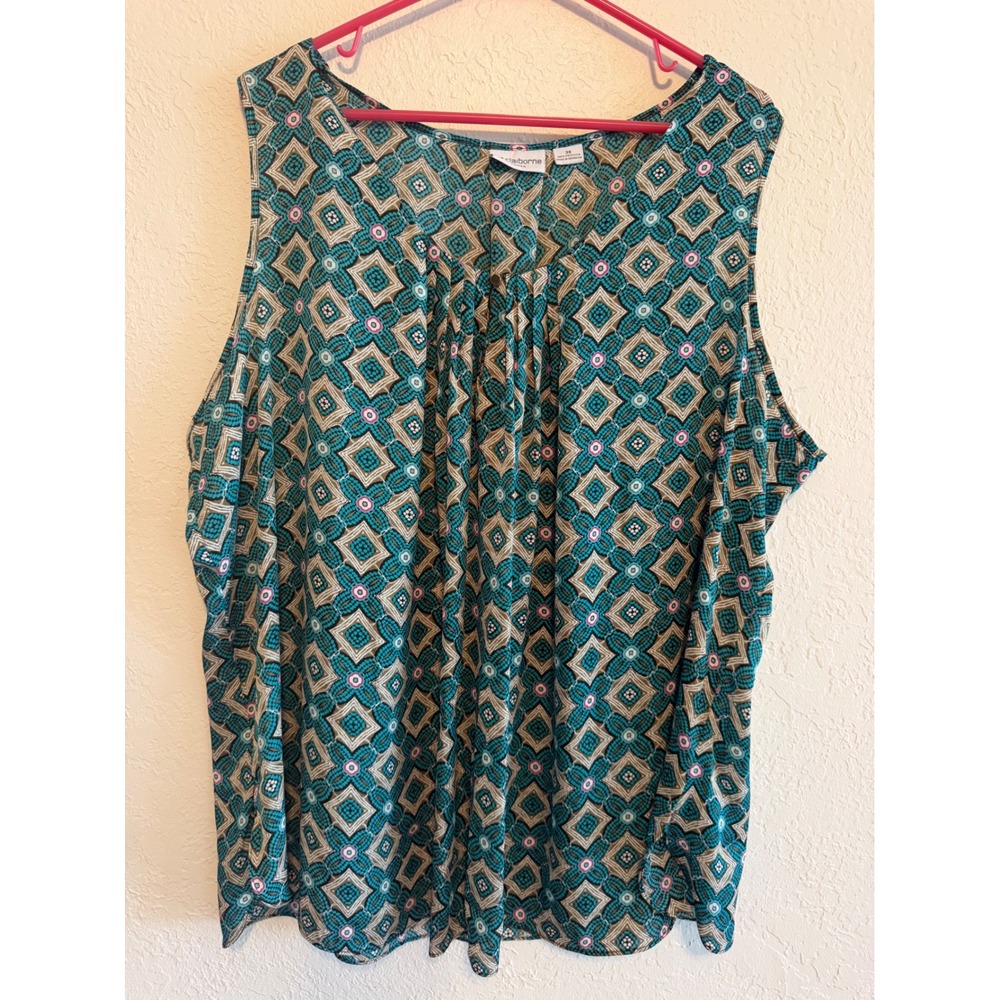 Liz Claiborne Woman Teal Geometric Diamond Print Pleated Sleeveless Blouse 3X